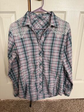 Wrangler Rock 47 Western Pearl Snap Plaid Shirt Lace Detail Medium